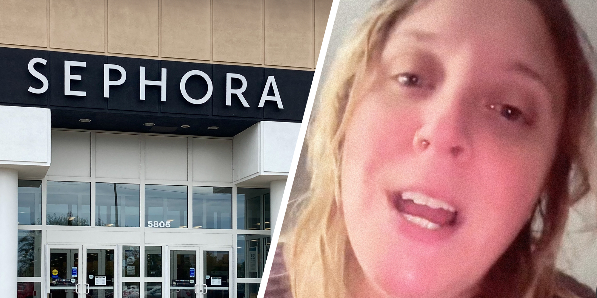 2 panel image, on the left: the exterior of a Sephora shop and on the right: a person explains.