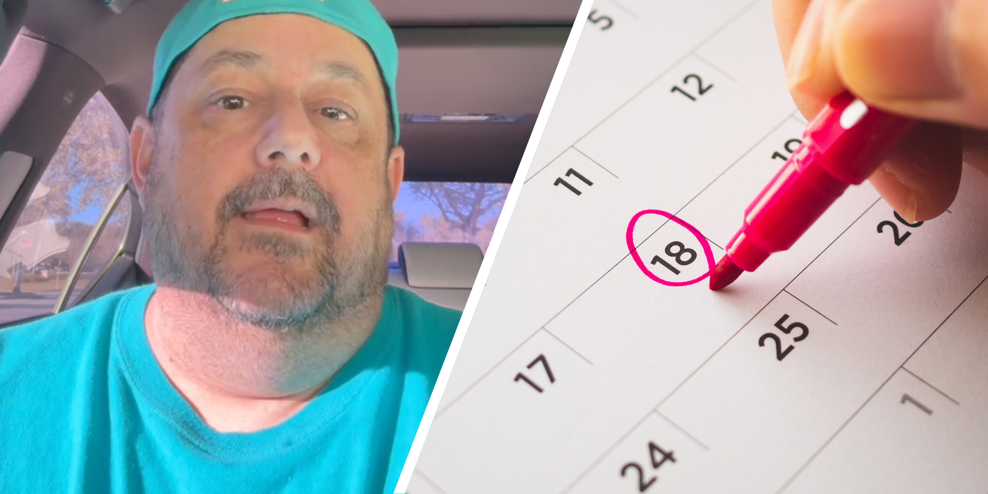 Man talking(l), Hand marking day on calendar(R)