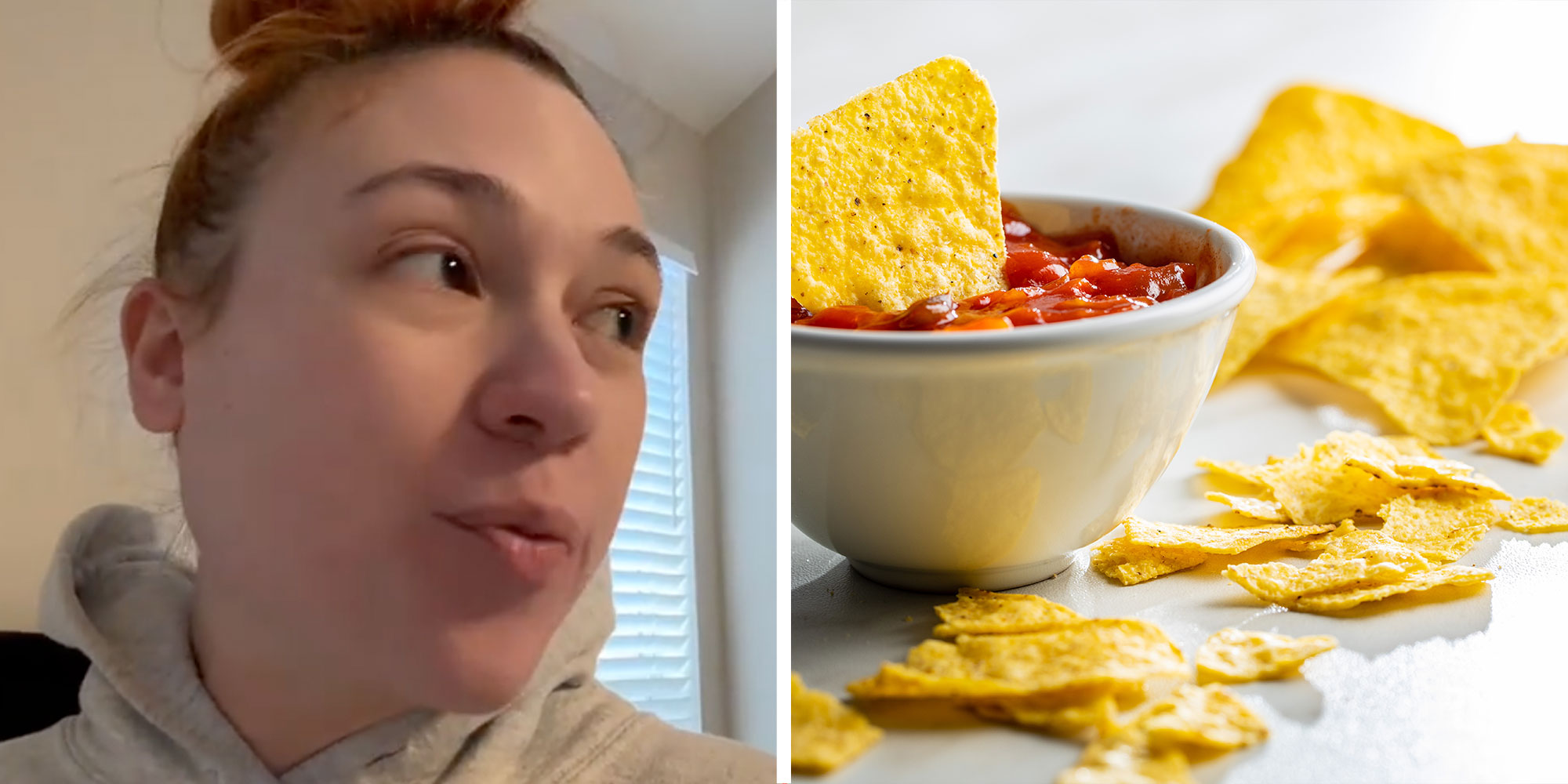 Two panel design with a woman looking away from the camera, next to an image of Chips and Salsa