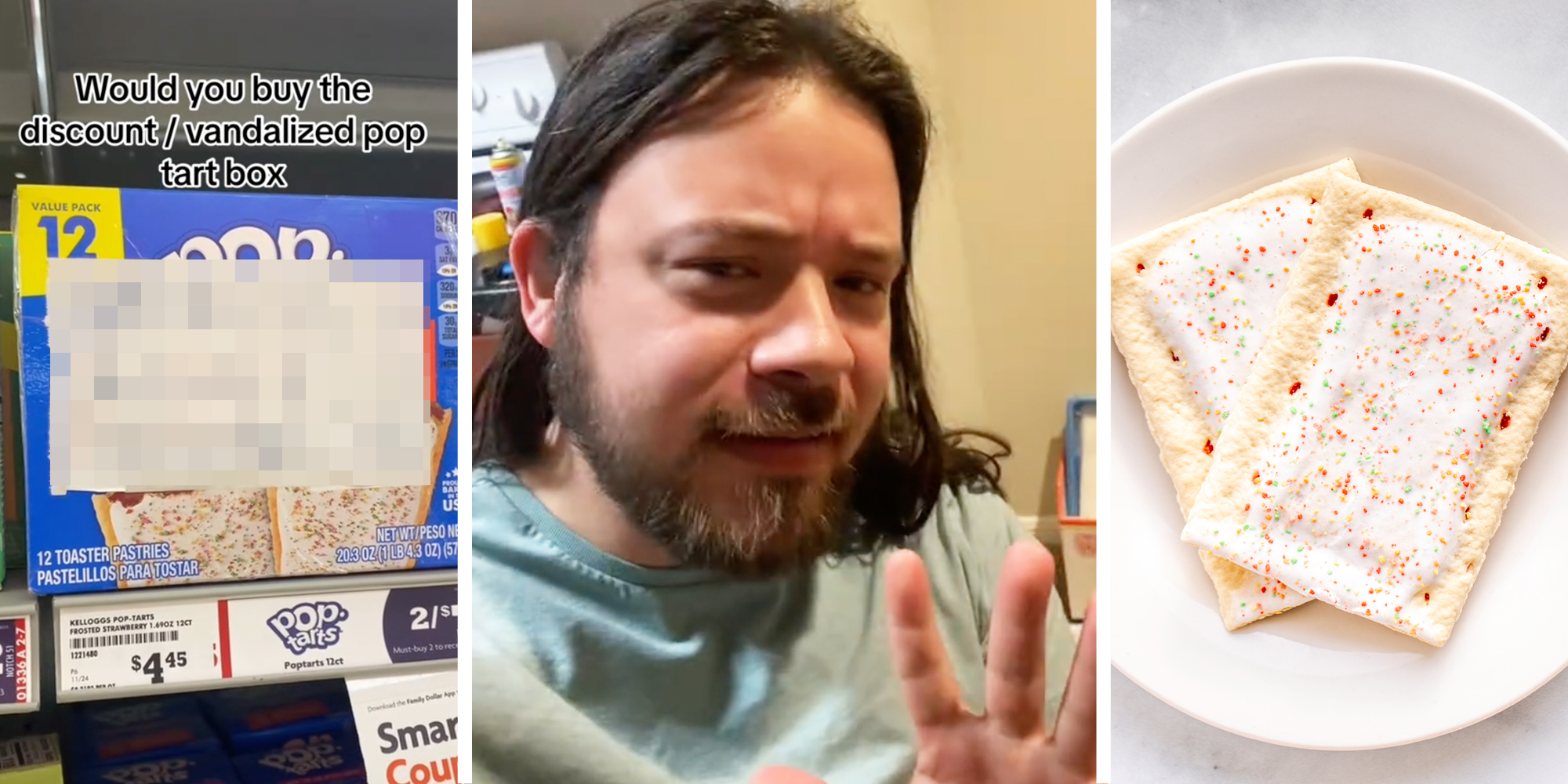 Poptarts box(l), Man talking(c), Poptarts on plate(r)