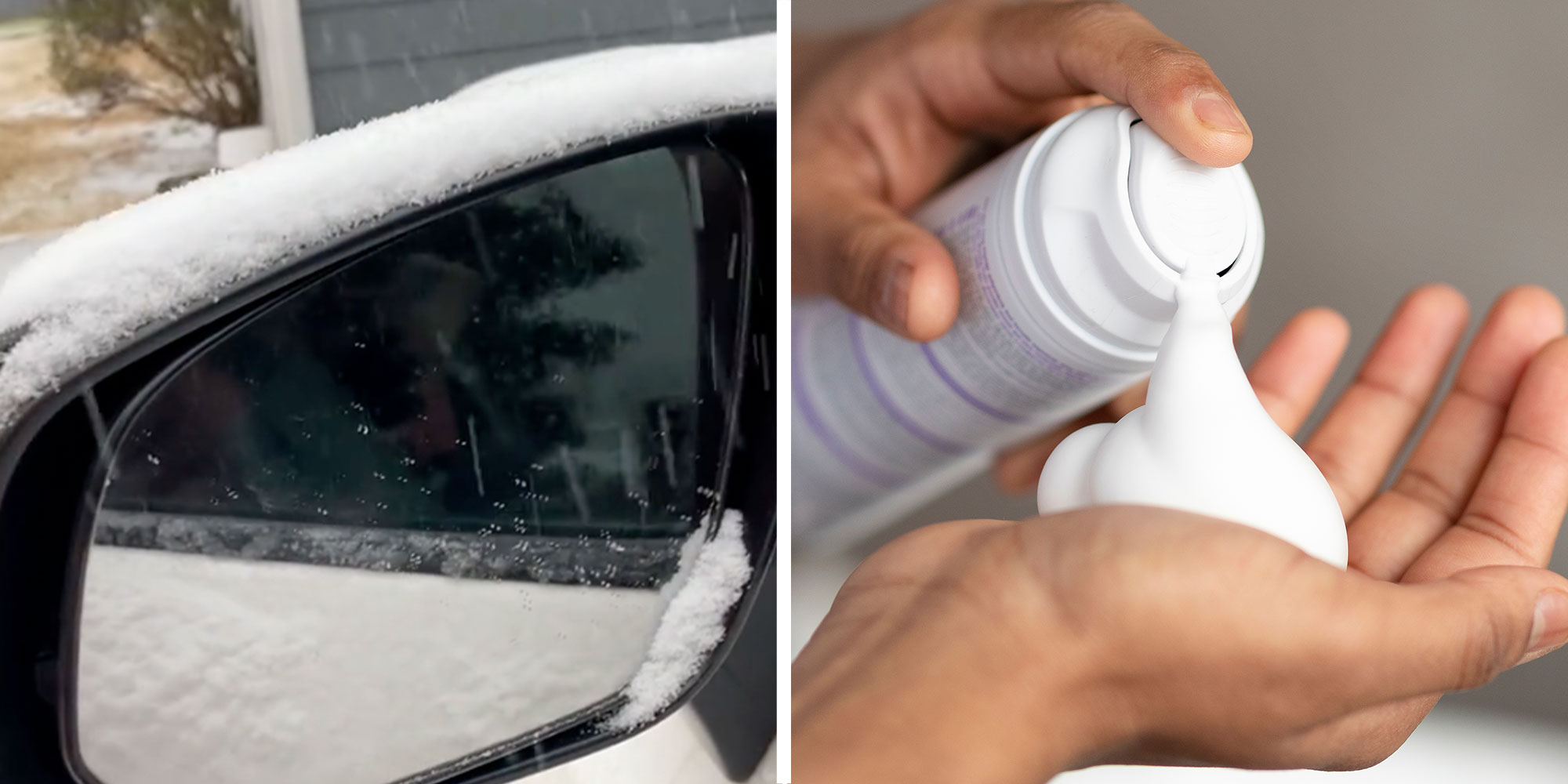two panel design with a close up of a rearview mirror, next to an image of someone putting shaving cream in their hand