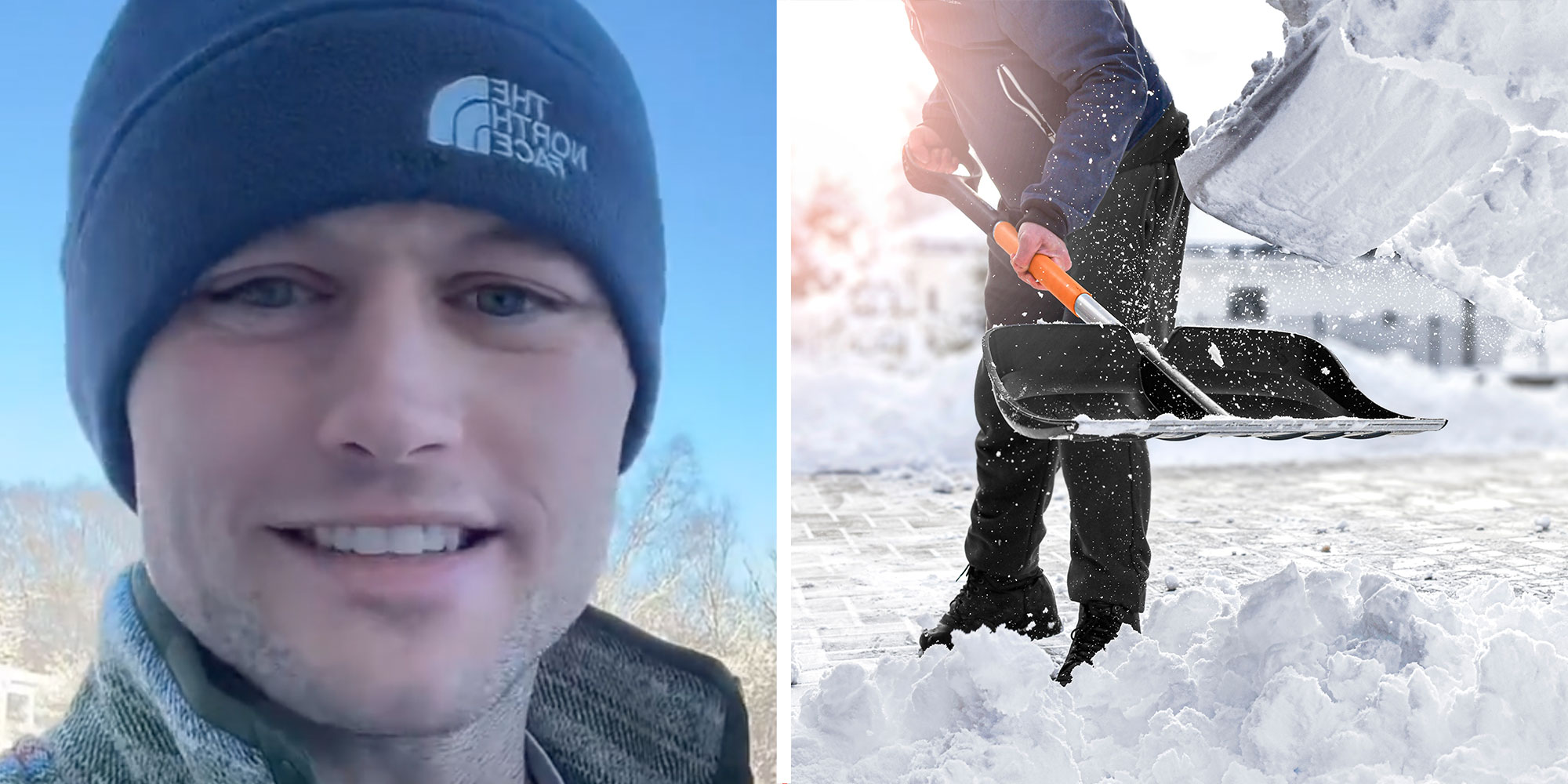 Two pane design with a man looking at the camera with a smile on his face, next to an image of someone shoveling snow