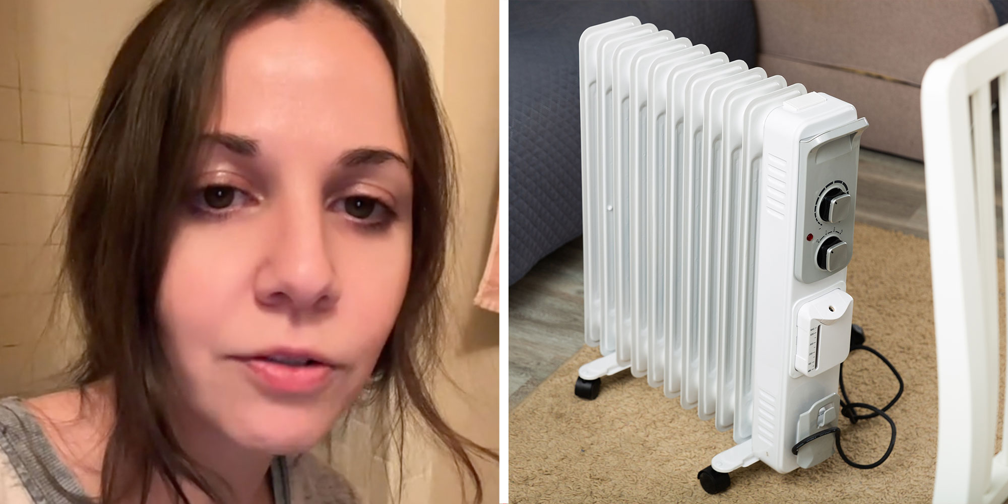 two panel design with a woman looking at the camera as she talks, next to an image of an electric heater