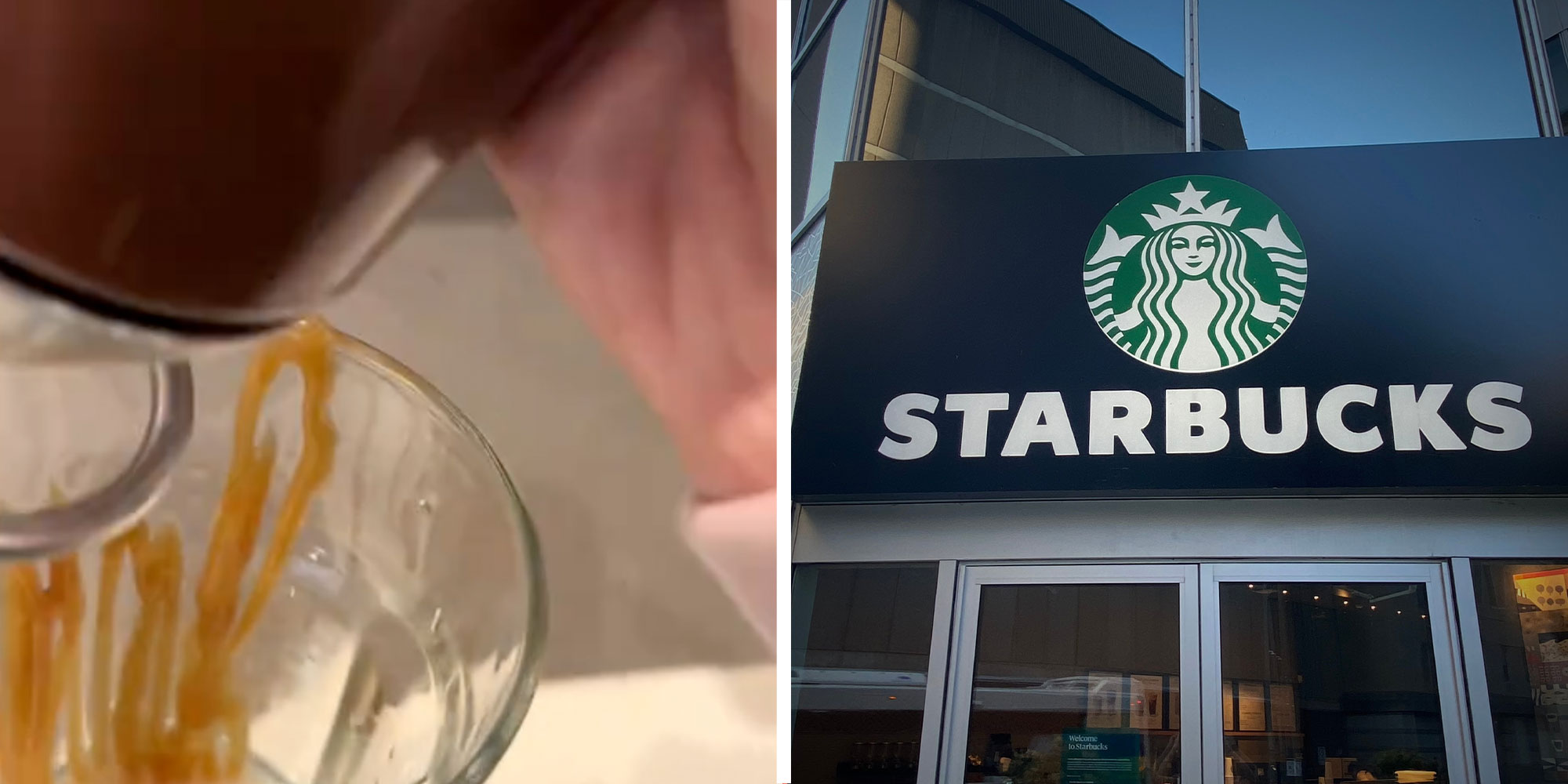 Two panel design with a person making a drink with camel in a glass cup, next to an image of a Starbucks