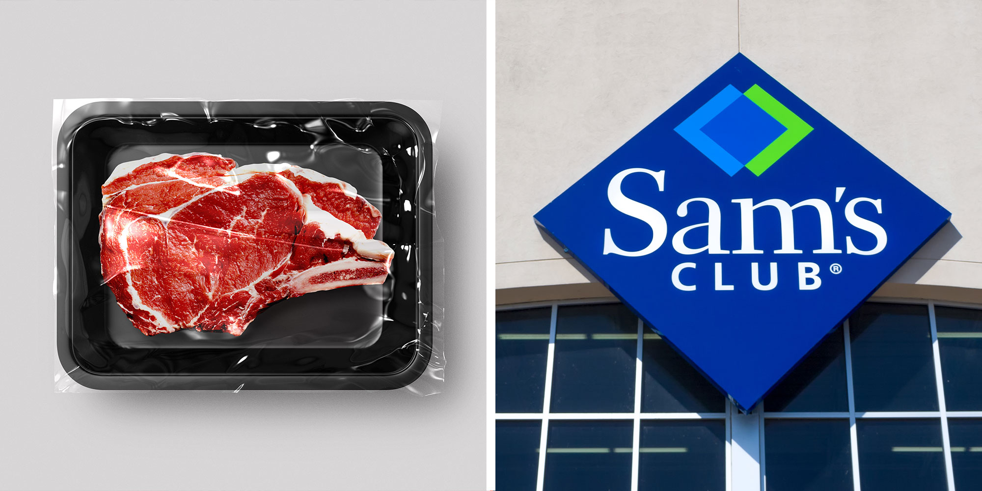 Two panel design with a steak on a package on one side, next to an image of a Sam's Club