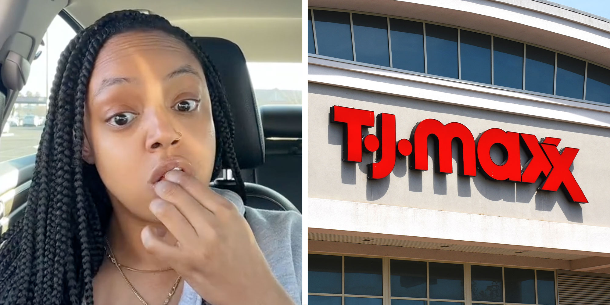 Two panel design with a woman looking at the camera as she enjoys a snack in her car, next to an image of a TJ-Maxx sign