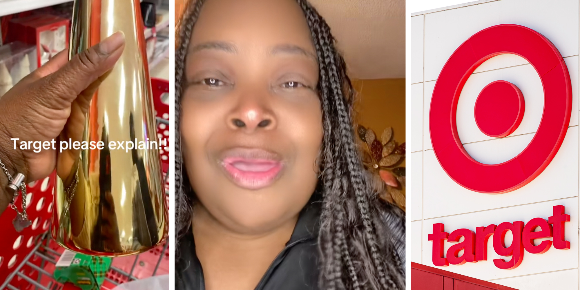 Hand holding target item with text "target please explain"(l), Woman talking(c), Target sign(R)