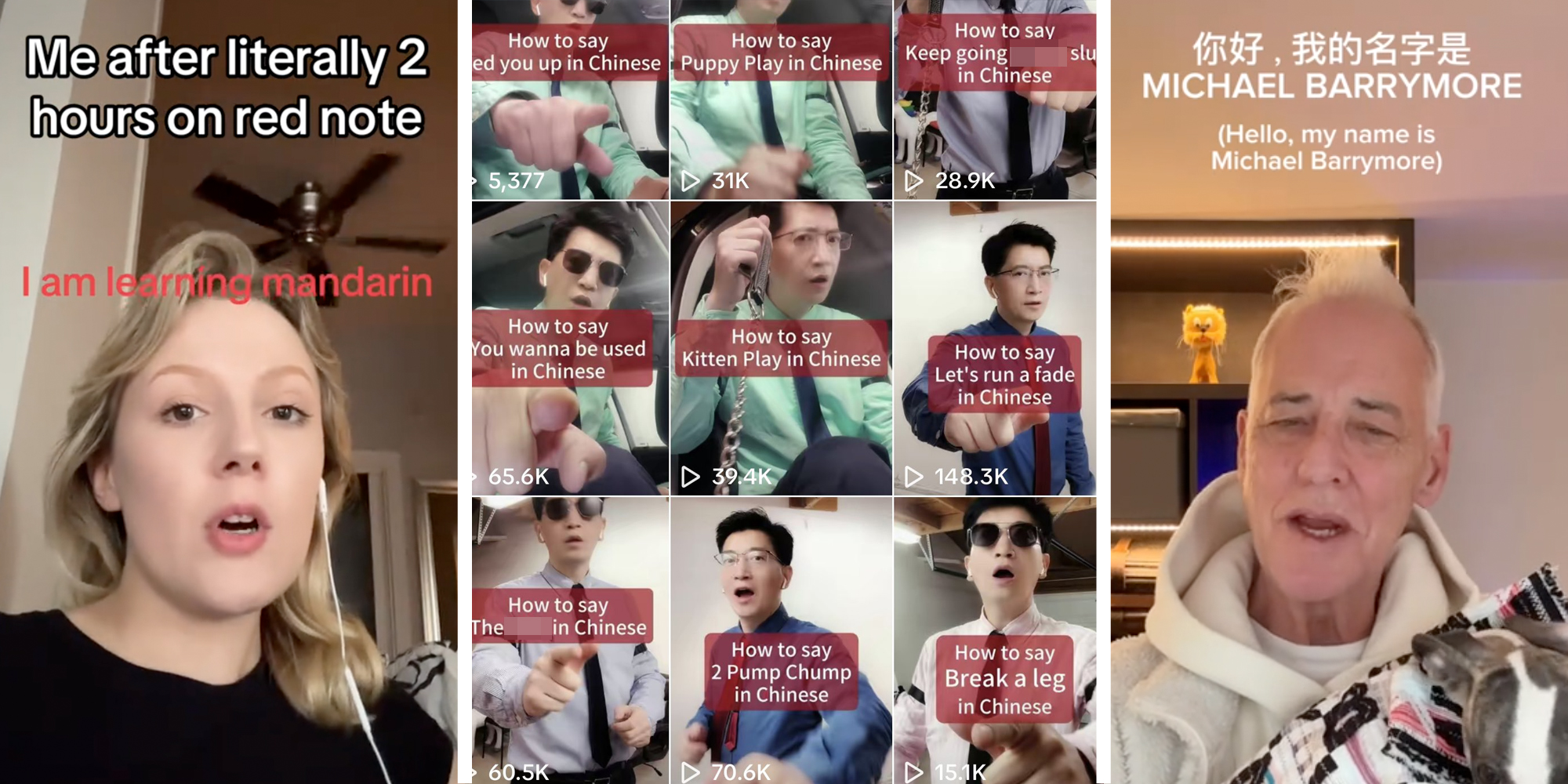 Woman talking "me after literally 2 hours on red note - I am learning mandarin"(l), Screenshots of man saying how to say things in chinese(c), Man talking with mandarin and english "Hello, my name is Michael Barrymore"(r)
