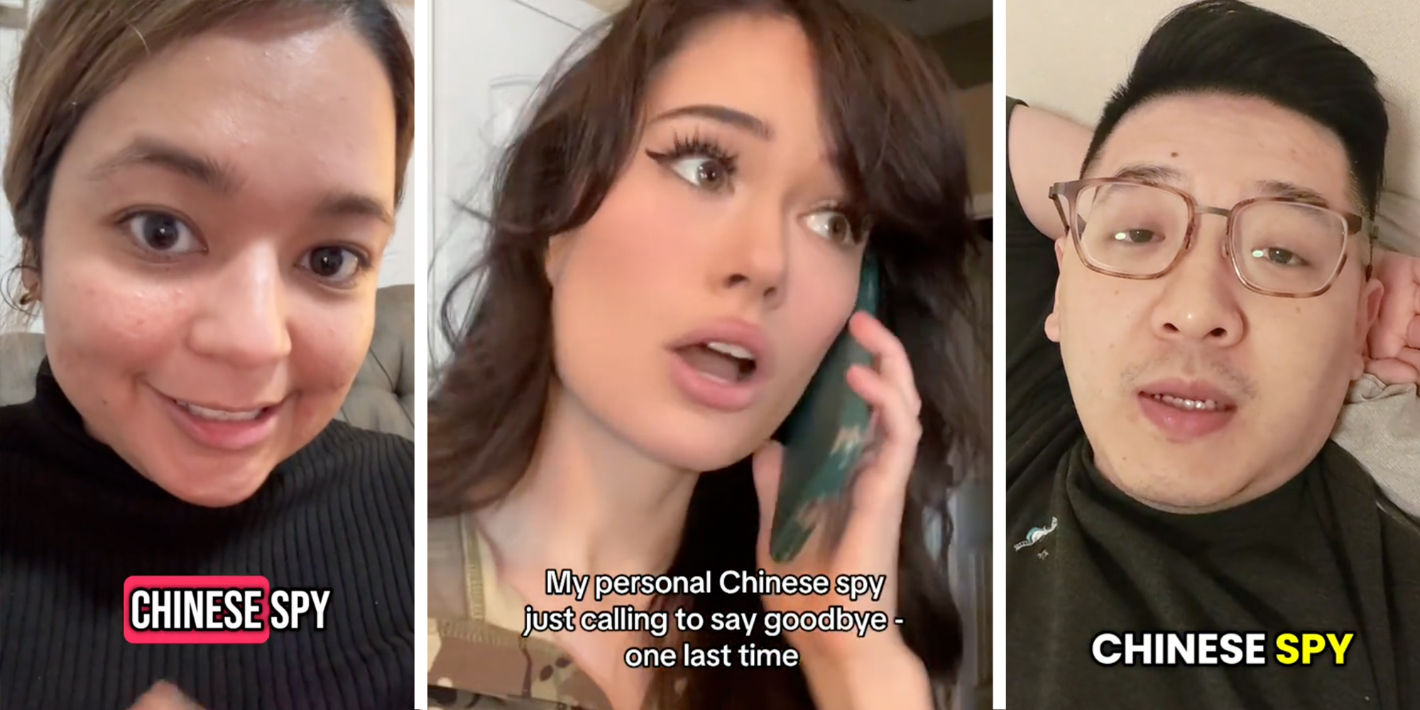 Woman saying "chinese spy"(l), Woman on phone with text "my personal chinese spy just calling to say goodbye one last time"(c), Man saying "chinese spy"(r)