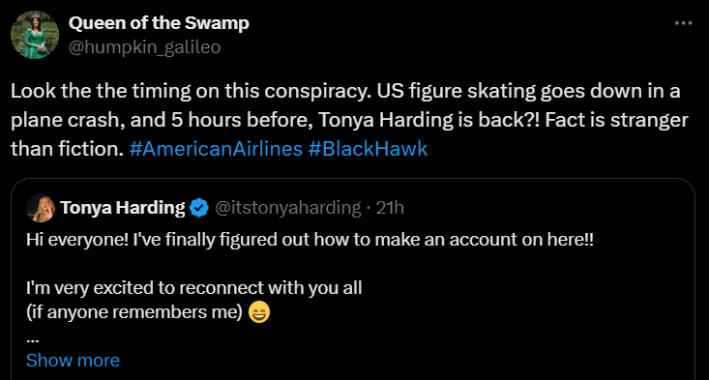Screenshot of X post discussing Tonya Harding plane crash conspiracy