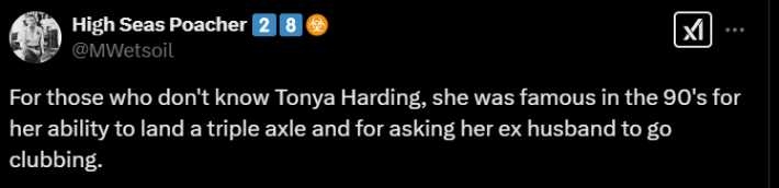 Screenshot of X post discussing Tonya Harding plane crash conspiracy
