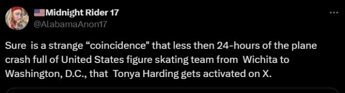 Screenshot of X post discussing Tonya Harding plane crash conspiracy