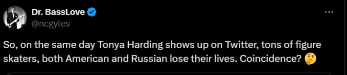 Screenshot of X post discussing Tonya Harding plane crash conspiracy