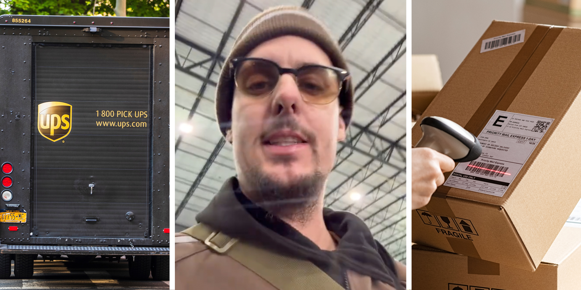 UPS truck(l), Man talking(c), Box being scanned(r)