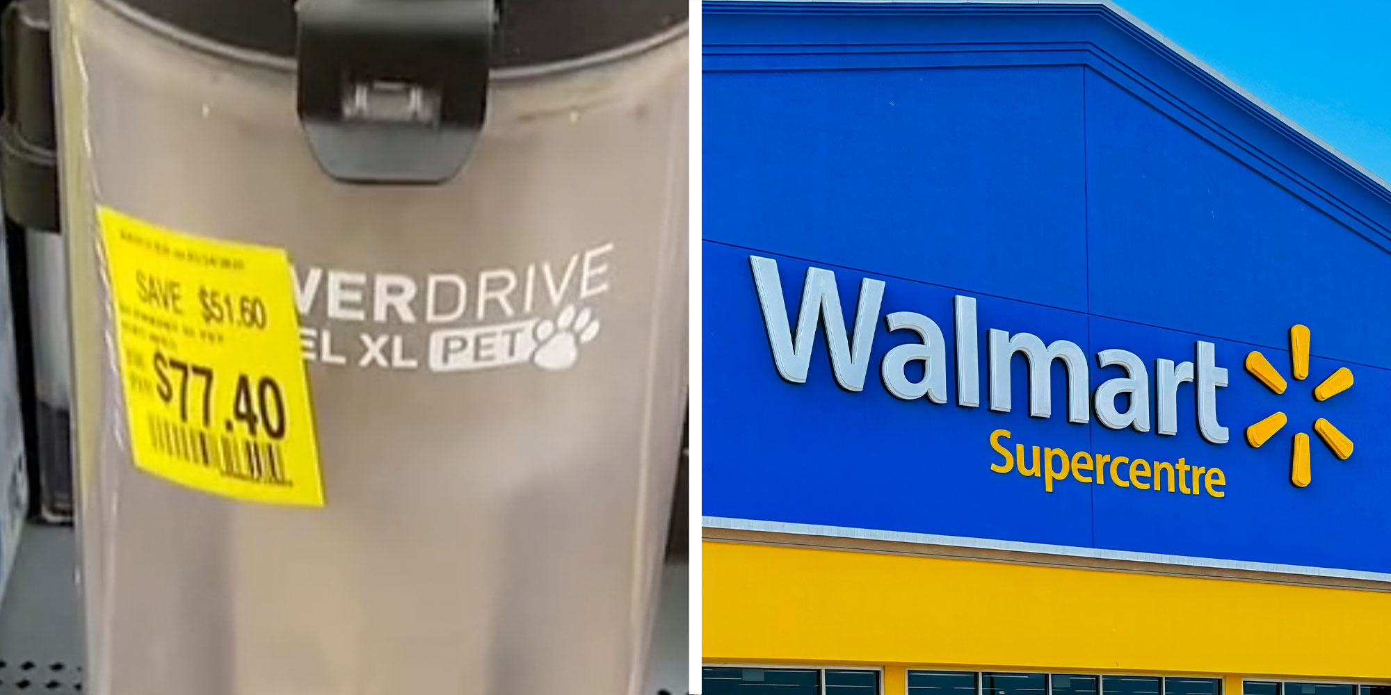 two panel design with a close up of a project with a price reading $77.40, next to an image of a Walmart store