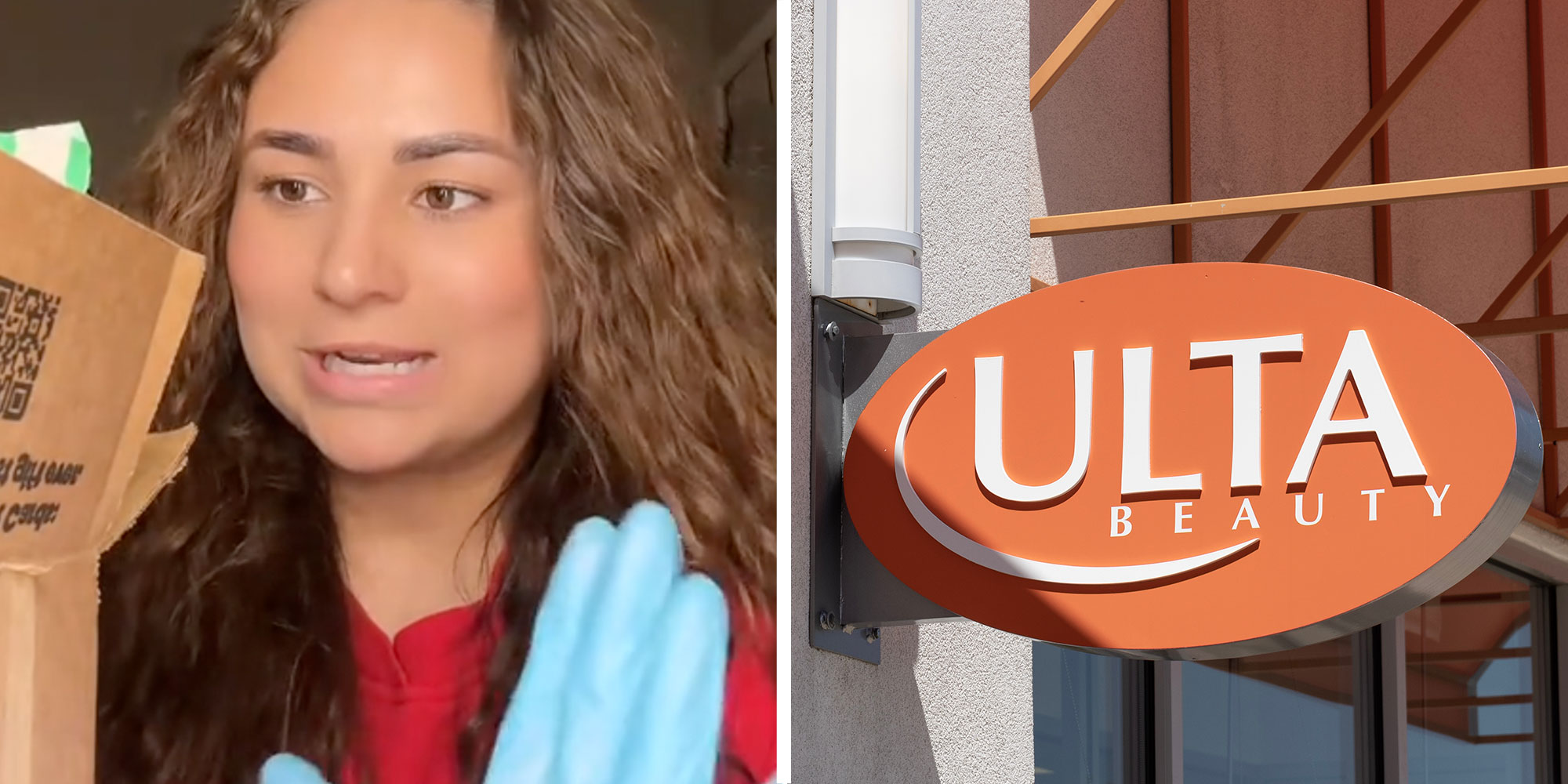 Two panel design with a woman opening up a package with gloves on, next to an image on an Ulta Beauty Sign
