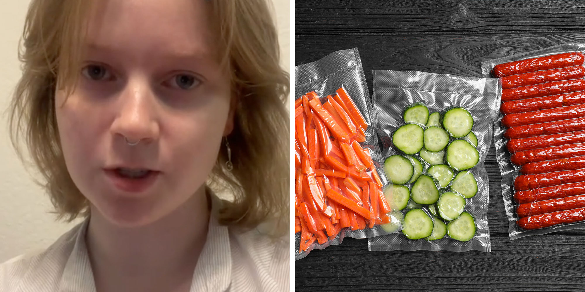 Two panel design with a woman looking annoyed and talking at the camera, next to an image of vacuumed sealed food