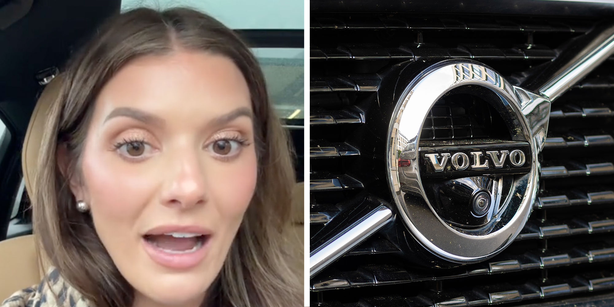 Two panel design with a woman looking and talking at the camera, next to an image of a Volvo logo
