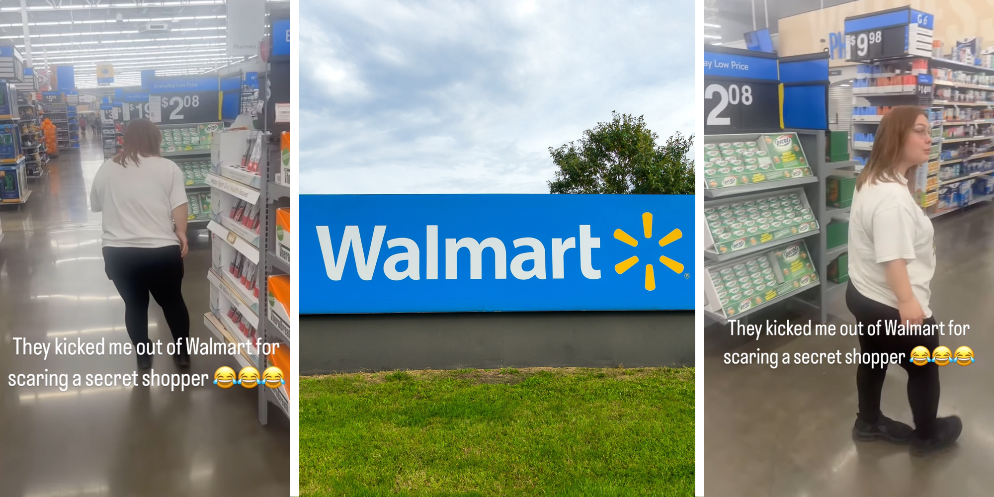 Woman walking around walmart with text "They kicked me out of Walmart for scaring a secret shopper"(l+r), Walmart sign(c)