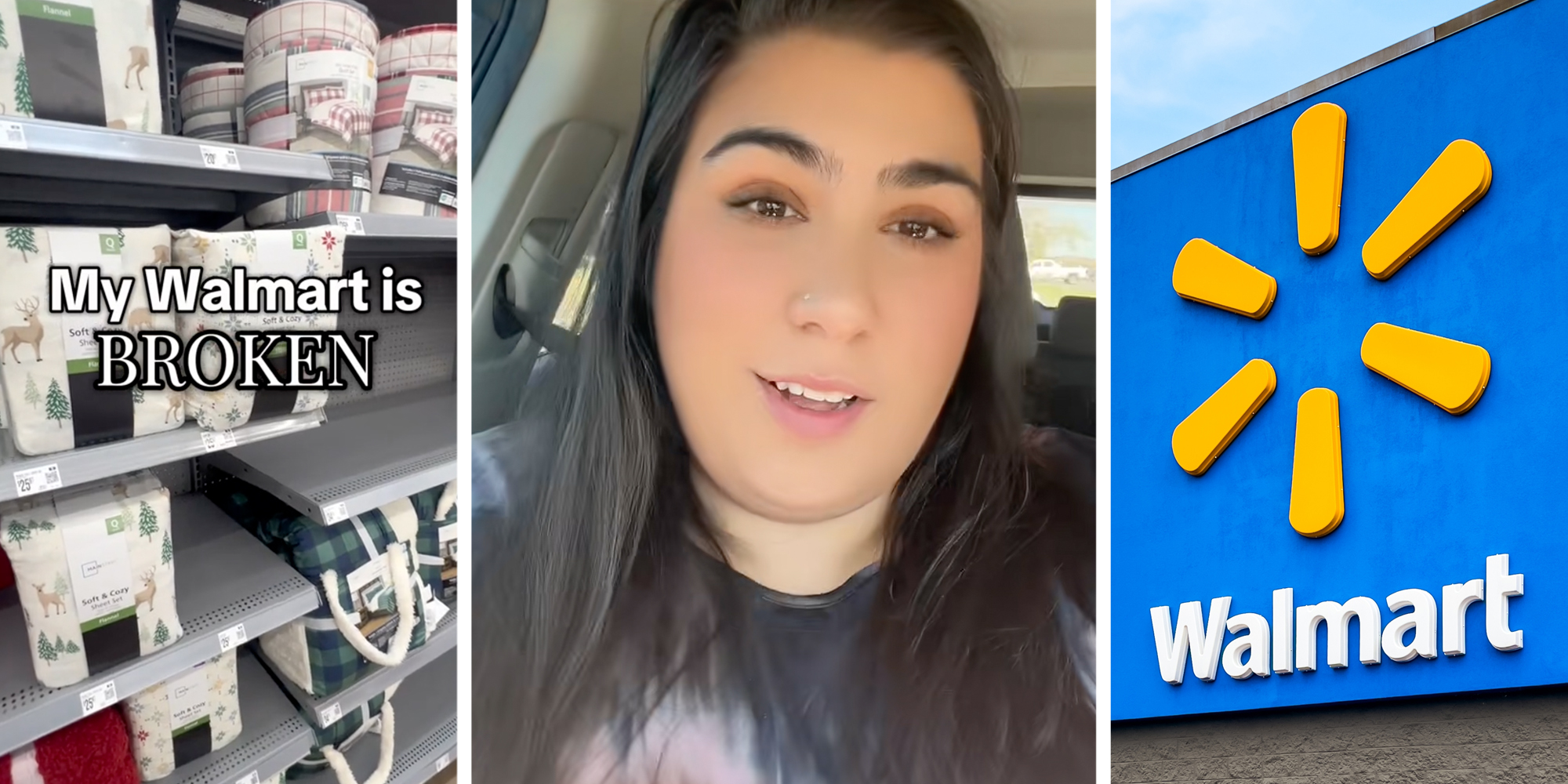 Walmart interior(l), Woman talking(c), Walmart sign(r)