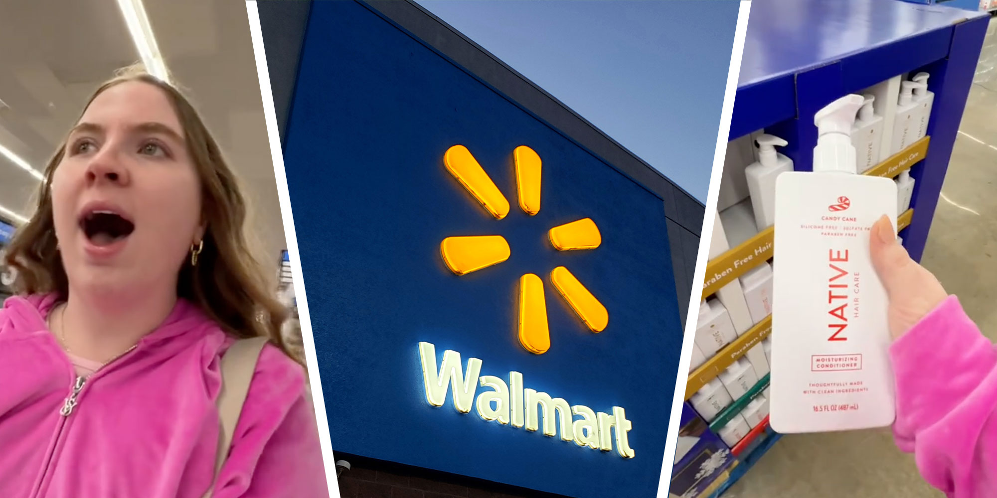 three panel design with woman looking shocked and excited as she runs through a Walmart, next to an image of a Walmart sign, next to an image of the woman holding up a product she wants to buy.