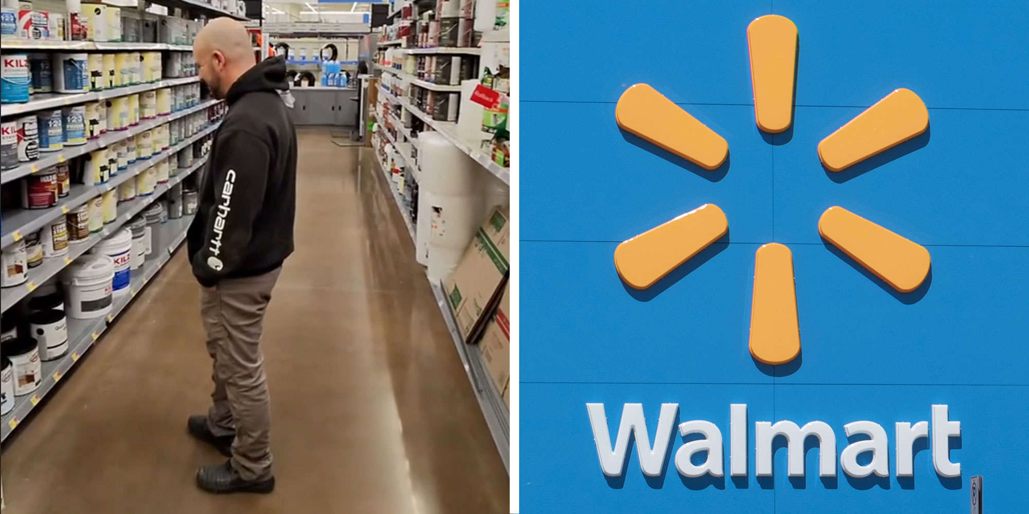(L) Man standing in aisle, (R) Walmart lgo