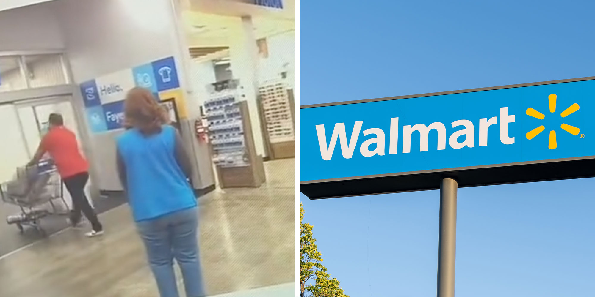 Two panel design with a man walking out of a Walmart store past an associate, next to an image of a Walmart sign