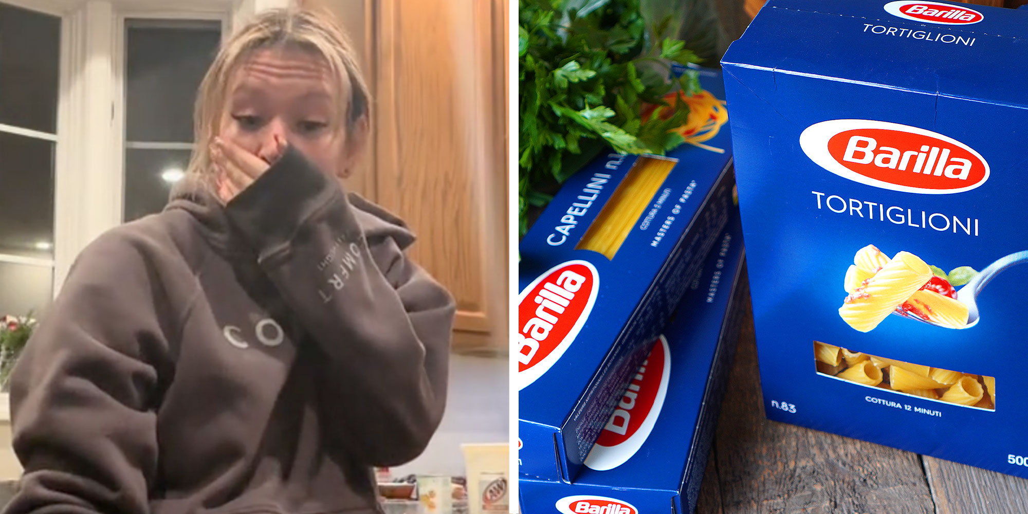 Two panel design with a woman looking shocked and disgusted from inside of her home, next to an image of pasta brand Barilla