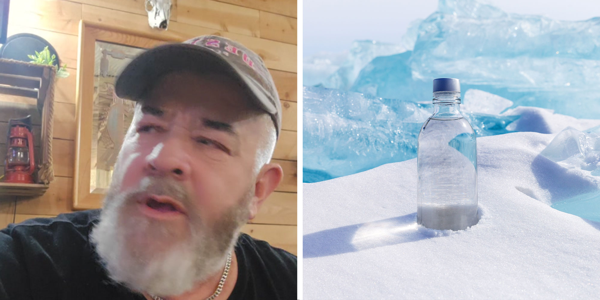 Two panel design with a man looking off to the side, next to an image of a water bottle in snow