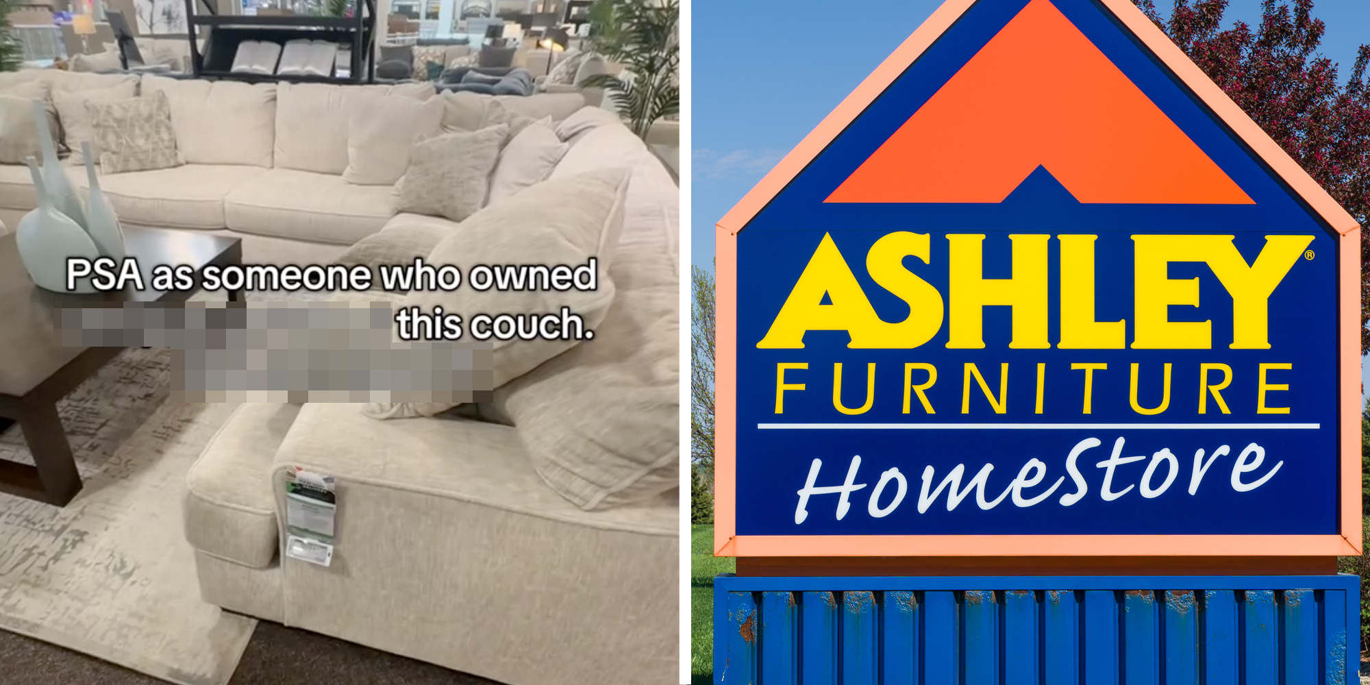 Sectional couch with text "PSA as someone who owned this couch."(l), Ashley Furniture sign(r)