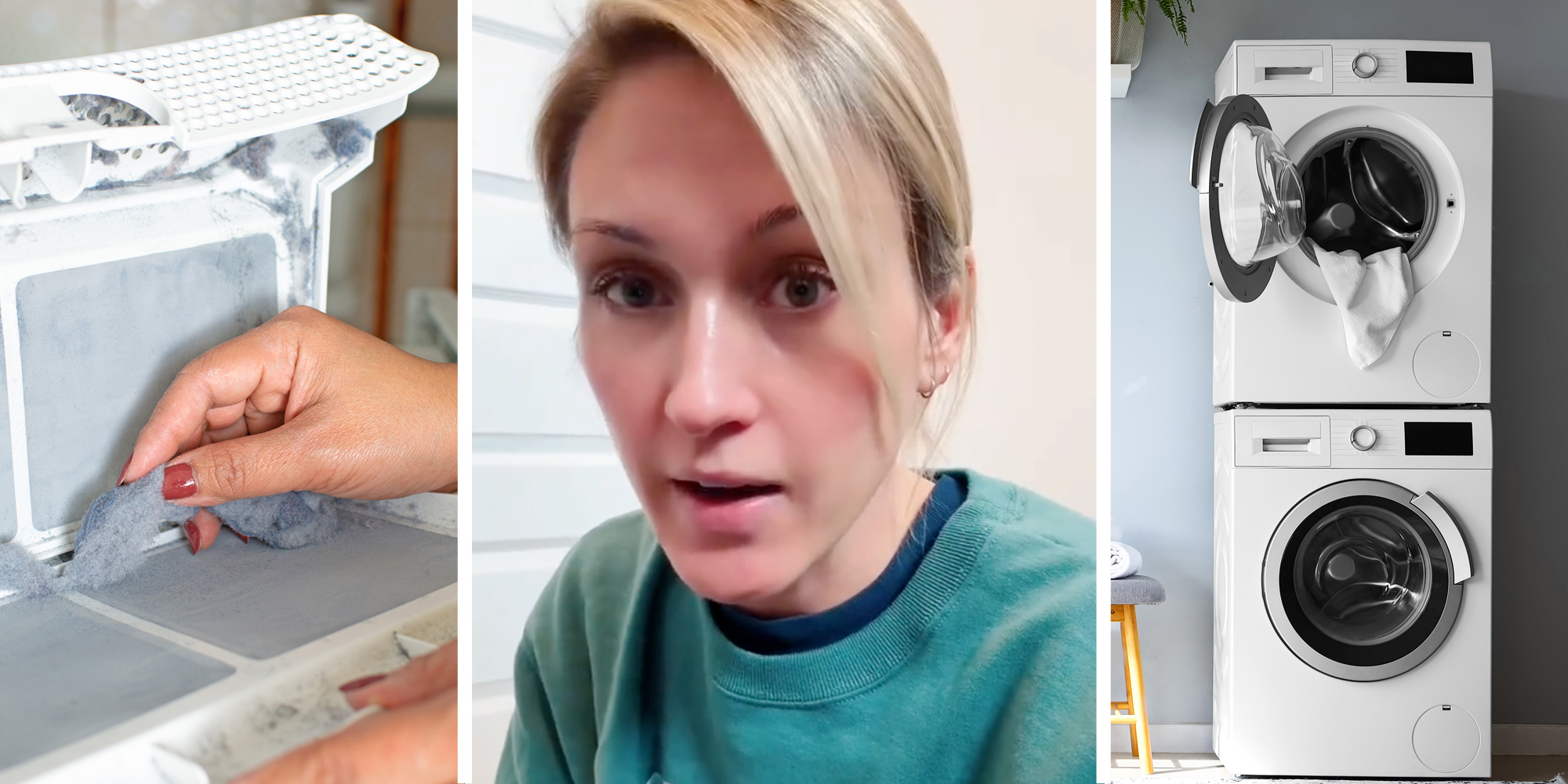 Hand removing lint from lint trap(l), Woman talking(c), Washer and dryer(r)