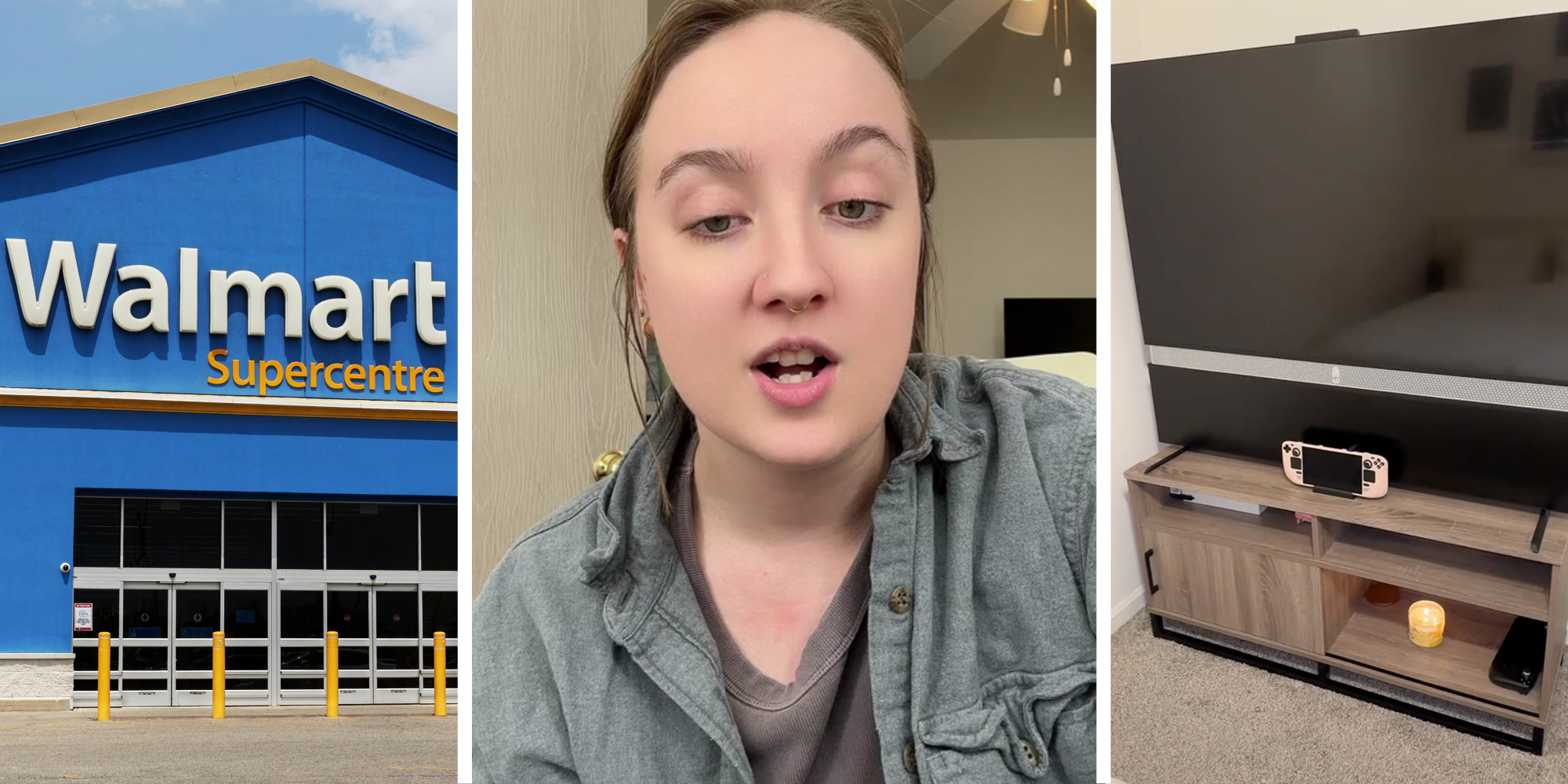 Walmart storefront(l), Woman talking(c), Tv on tv stand(r)
