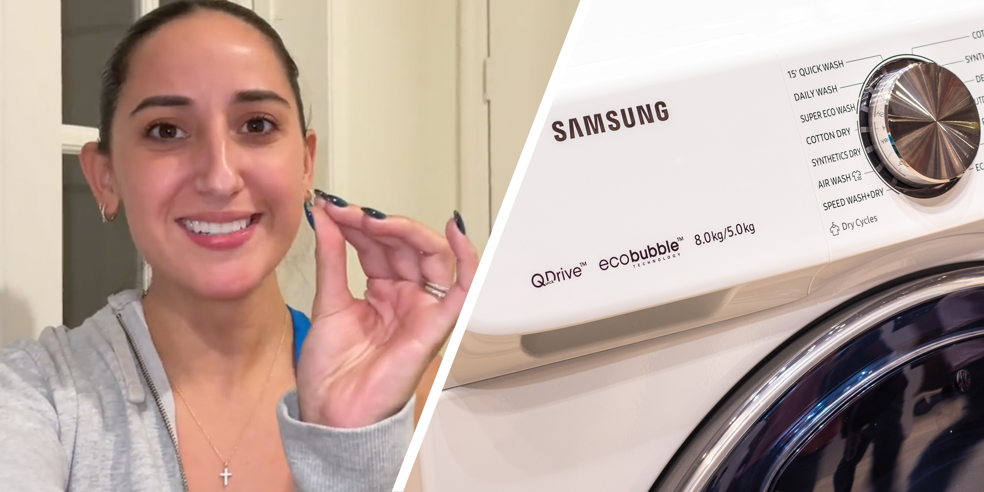Woman talking(l), Samsung washer(r)