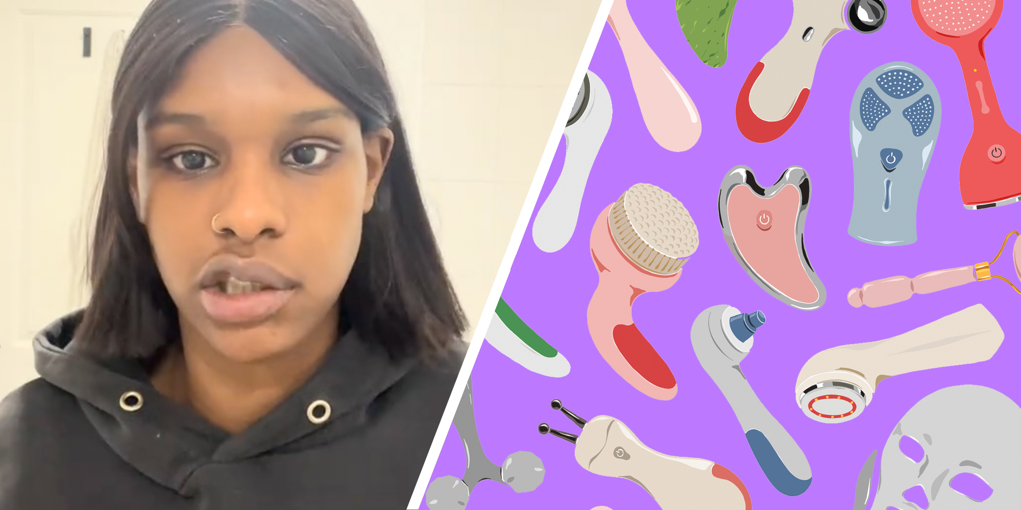 Woman talking(l), Skincare devices(r)