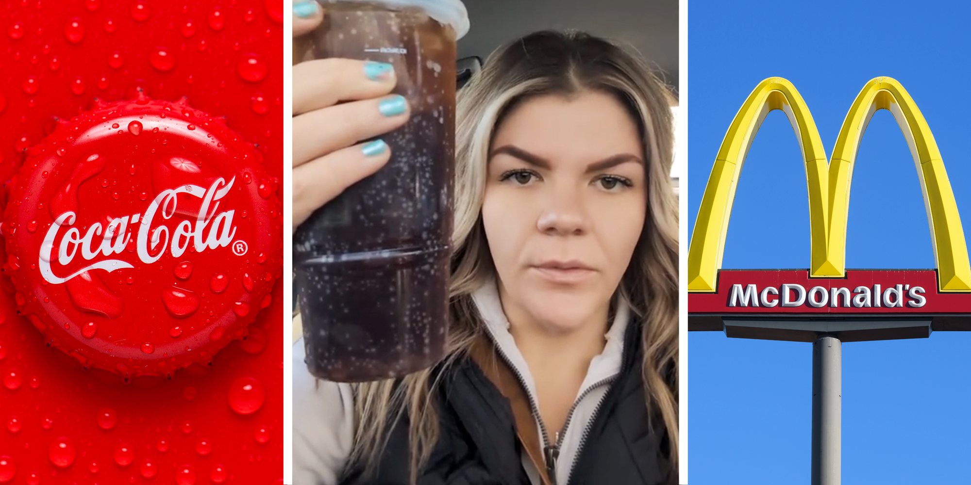 Coca Cola logo cap(l), Woman with coca-cola(c), McDonalds sign(r)
