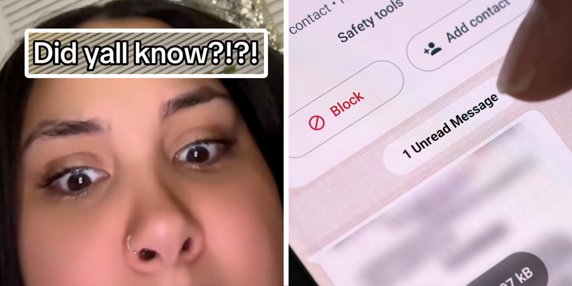 Woman looking shocked with text "did yall know"(l), Phone with blocked contact(r)
