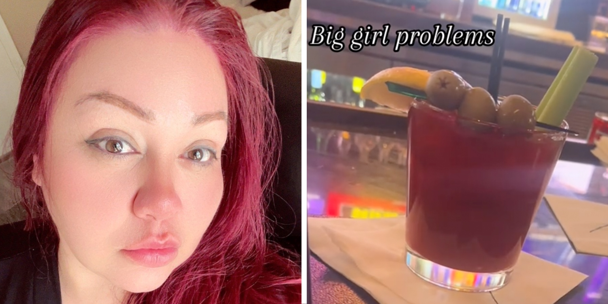 Woman talking(l), Cocktail with text "big girl problems"(r)