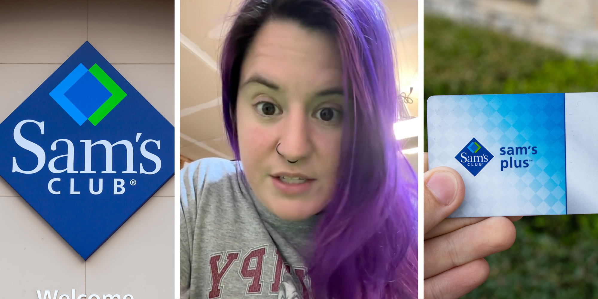 Sam's club sign(l), Woman talking(c), Sam's club card(r)