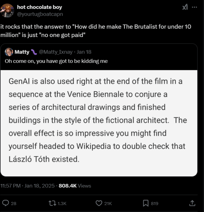 Screenshot of a person's X post about The Brutalist using AI