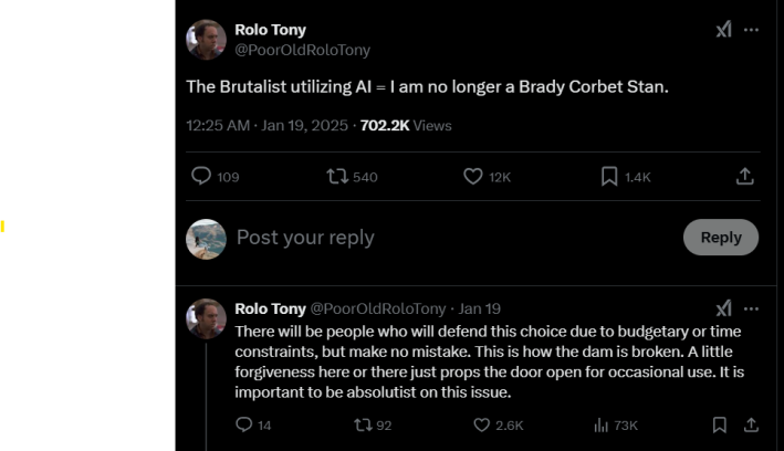 Screenshot of a person's X post about The Brutalist using AI