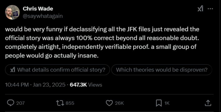 Screenshot from X.com related to the declassification of jfk files