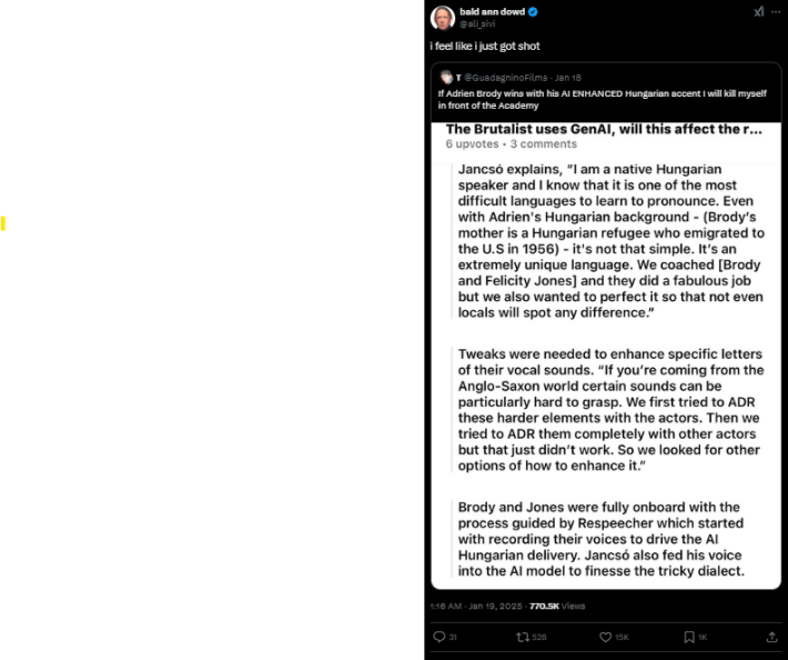 Screenshot of a person's X post about The Brutalist using AI