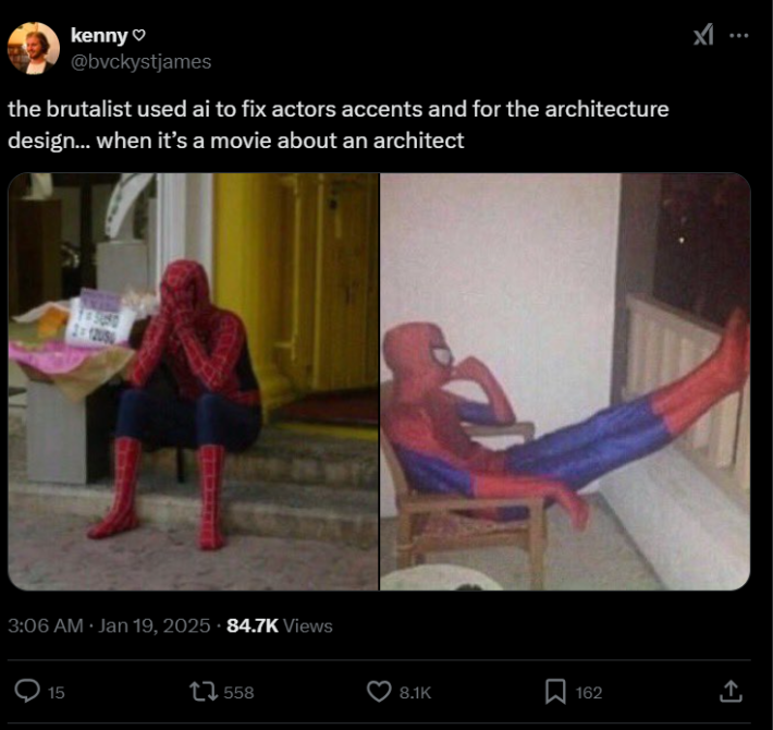 Screenshot of a person's X post about The Brutalist using AI