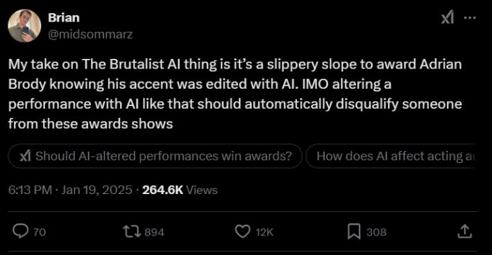 Screenshot of a person's X post about The Brutalist using AI