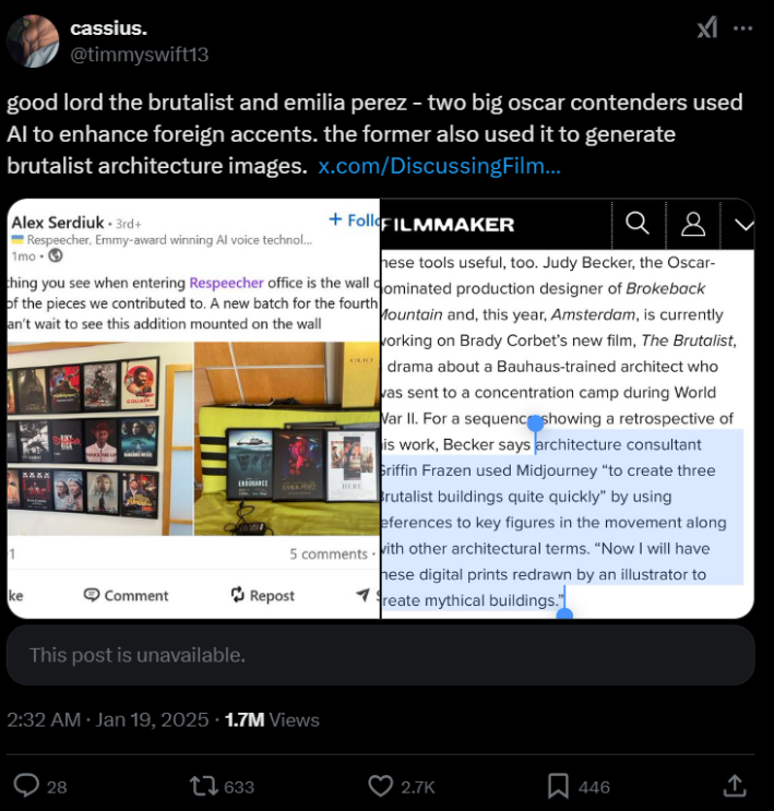 Screenshot of a person's X post about The Brutalist using AI