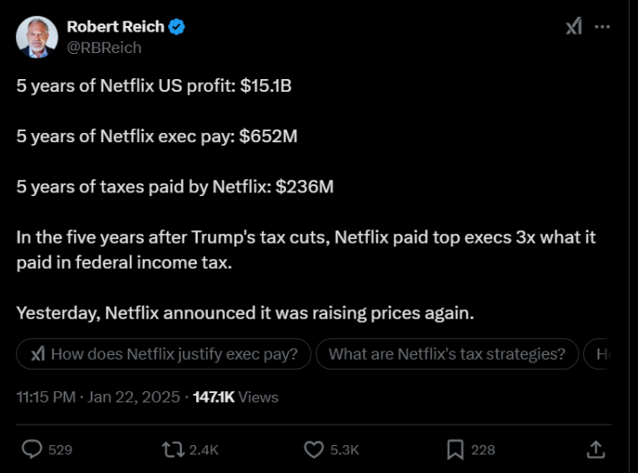 Screenshot of X post discussing Netflix price increase 2025