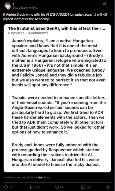 Screenshot of a person's X post about The Brutalist using AI