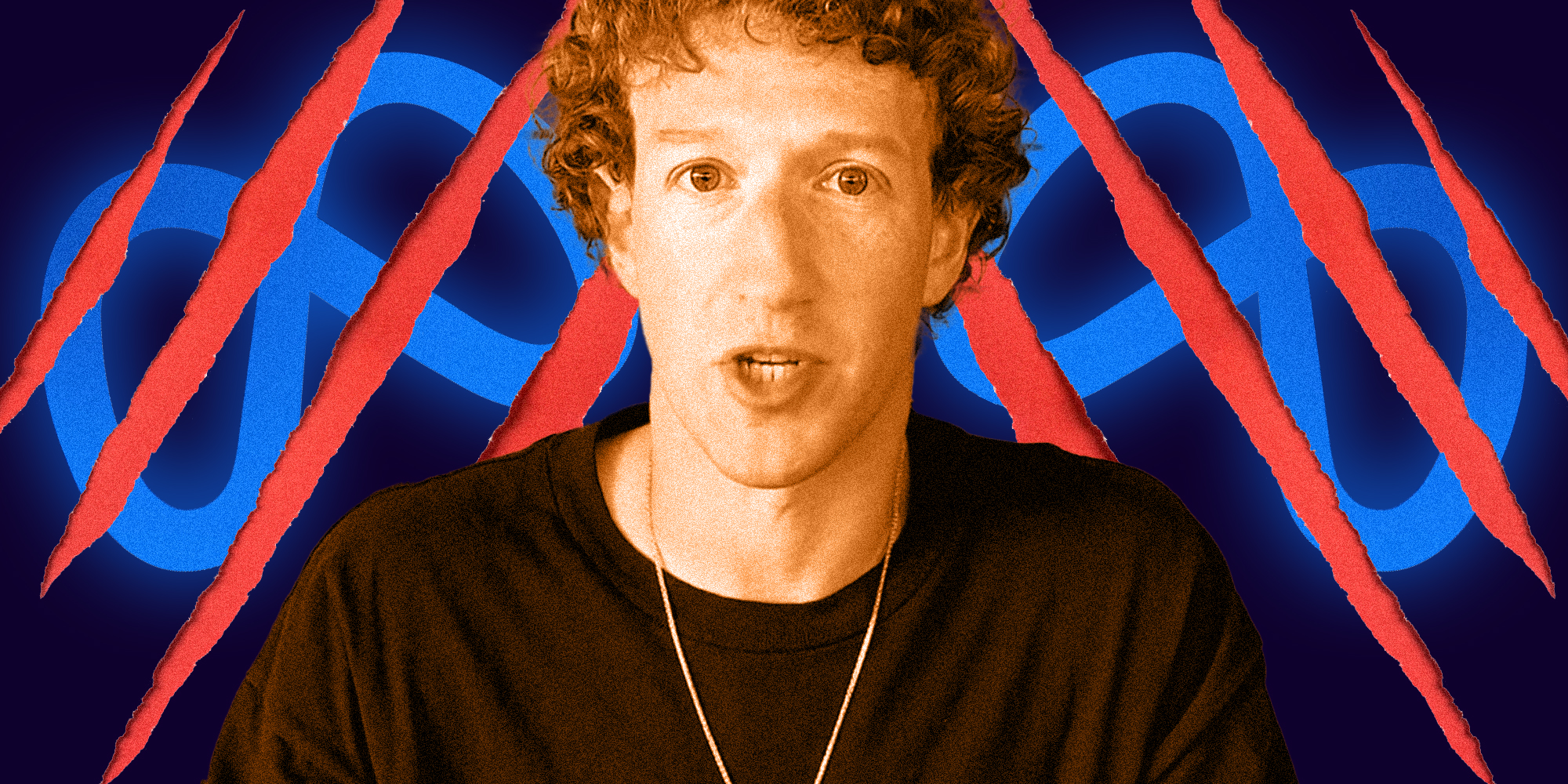Mark Zuckerberg over claw marks over meta logo
