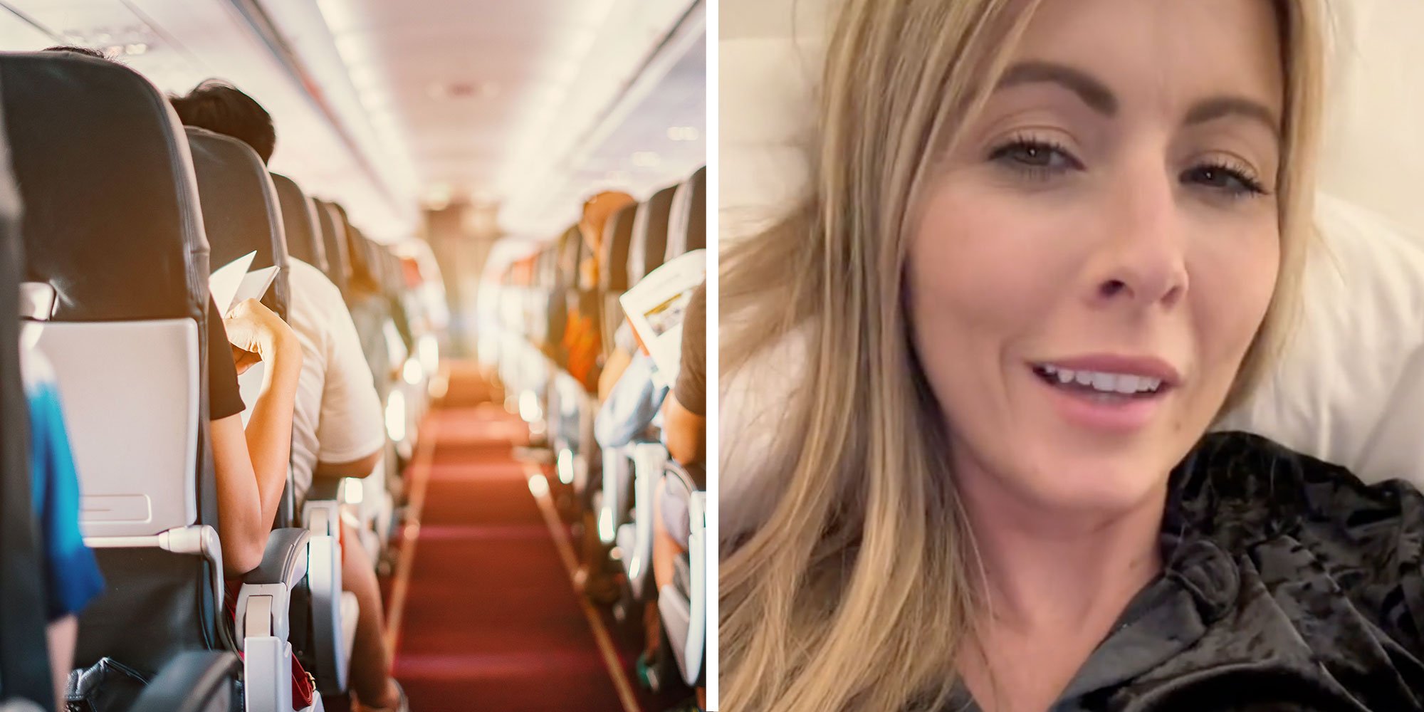 A photo of an airplane aisle next to a screenshot of @shannonella_ from their Tiktok.