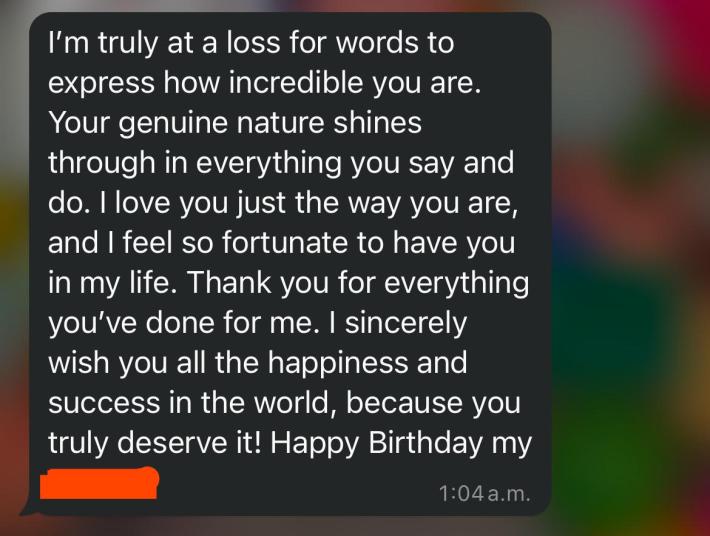 AI birthday text message screenshot.